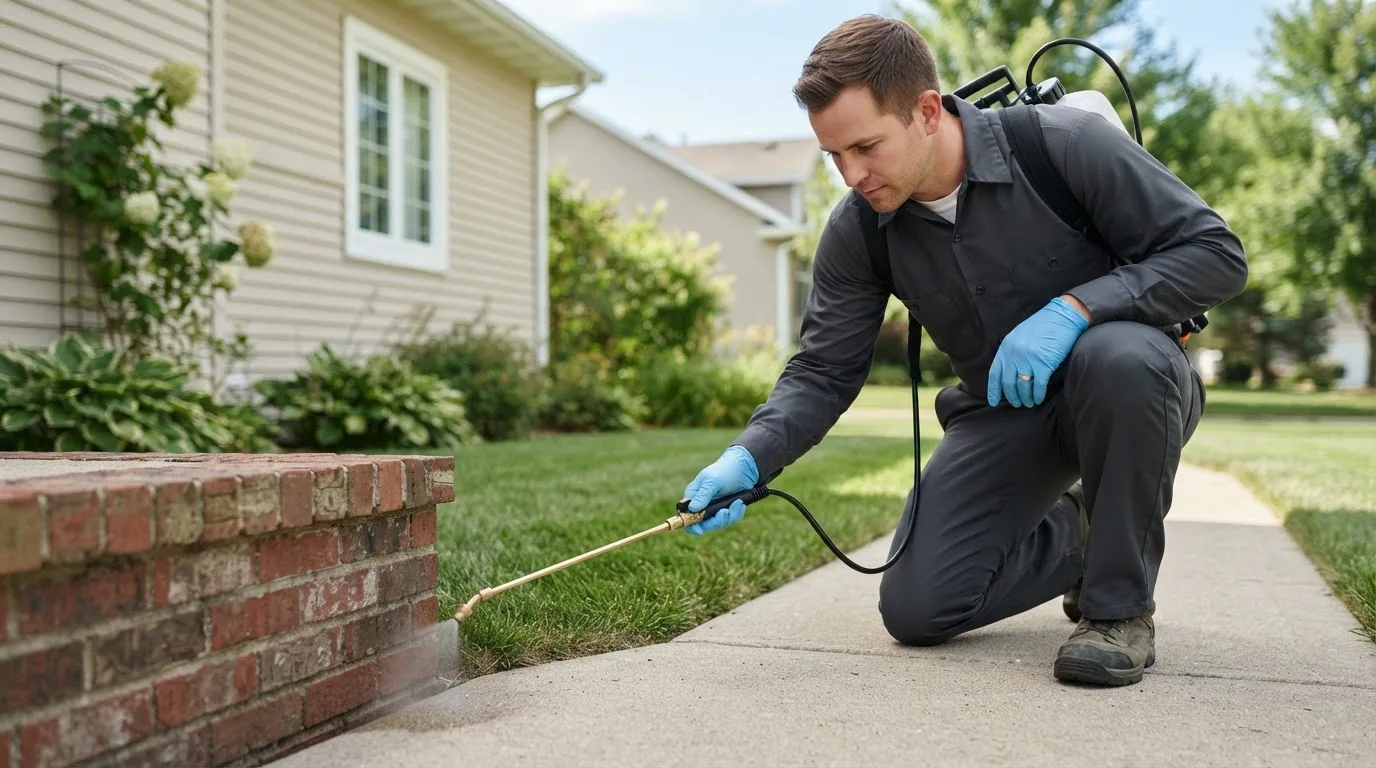 Pest control technician treating a home near Ortonville, MI